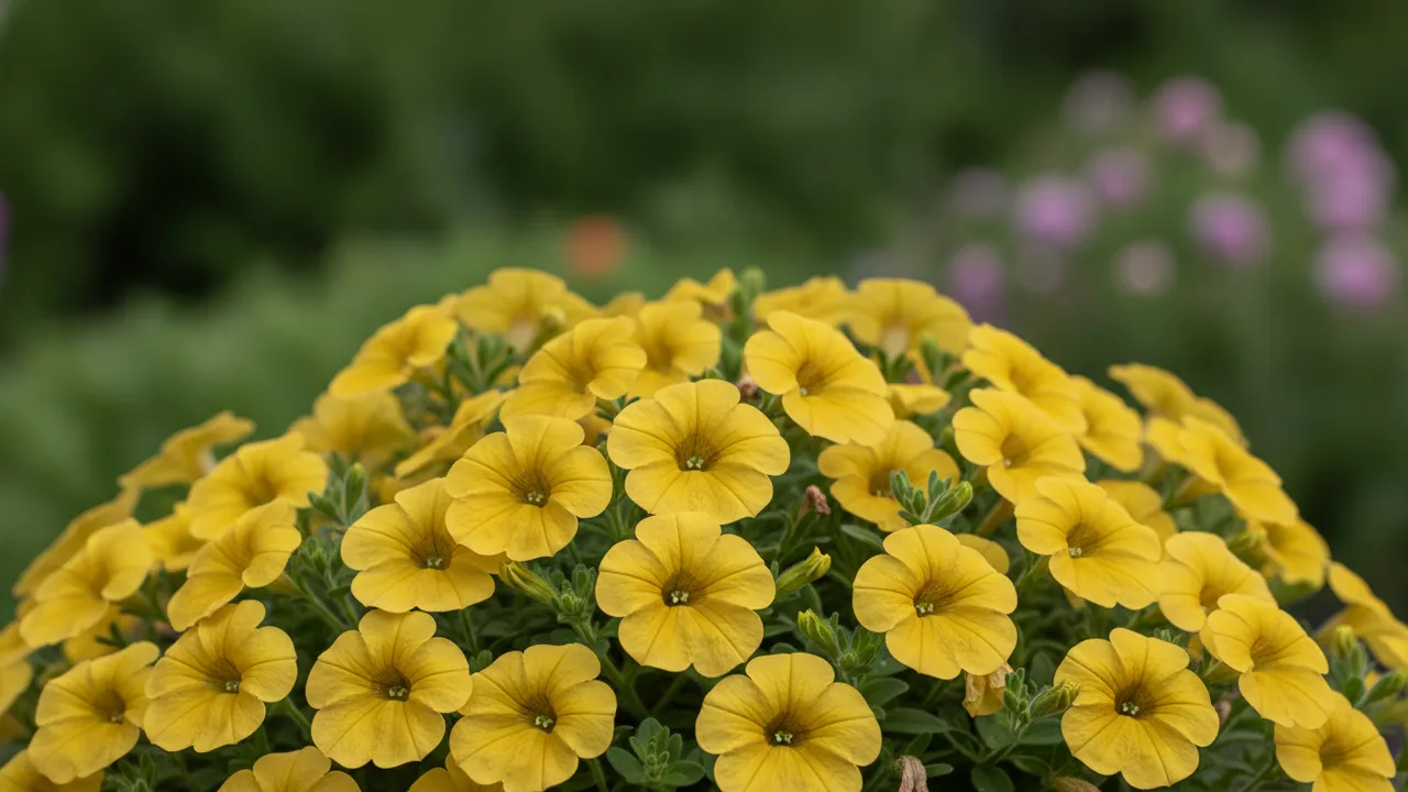 Superbells Yellow (Calibrachoa 'Superbells Yellow') - yellow flowers, illustrated plant card