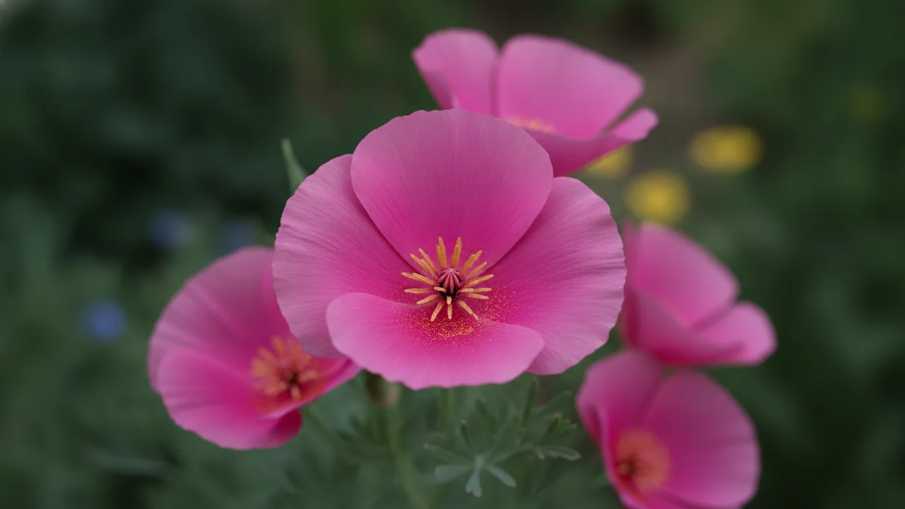 Rose Chiffon (Eschscholzia californica 'Rose Chiffon') - pink flowers, illustrated plant card
