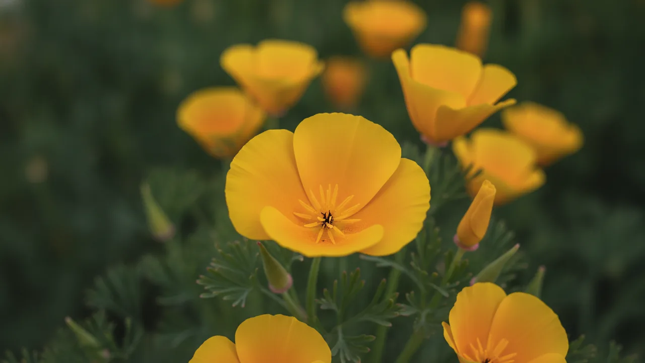 Yellow California Poppy (Eschscholzia californica) - yellow flowers, illustrated plant card