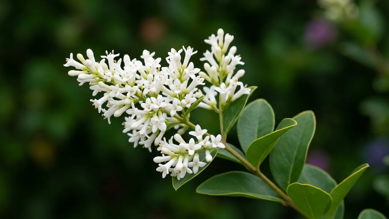 California Privet (Ligustrum ovalifolium) - white flowers, illustrated plant card