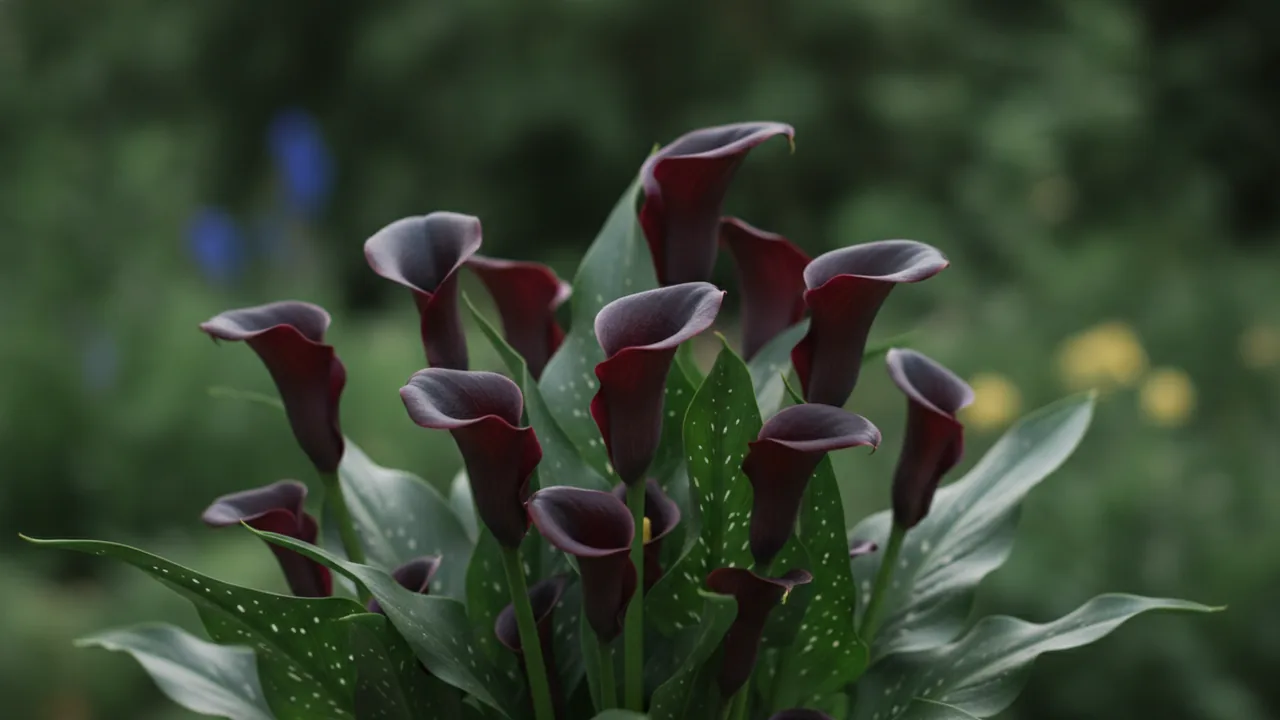 Black Star Calla (Zantedeschia 'Schwarzwalder') - purple flowers, illustrated plant card