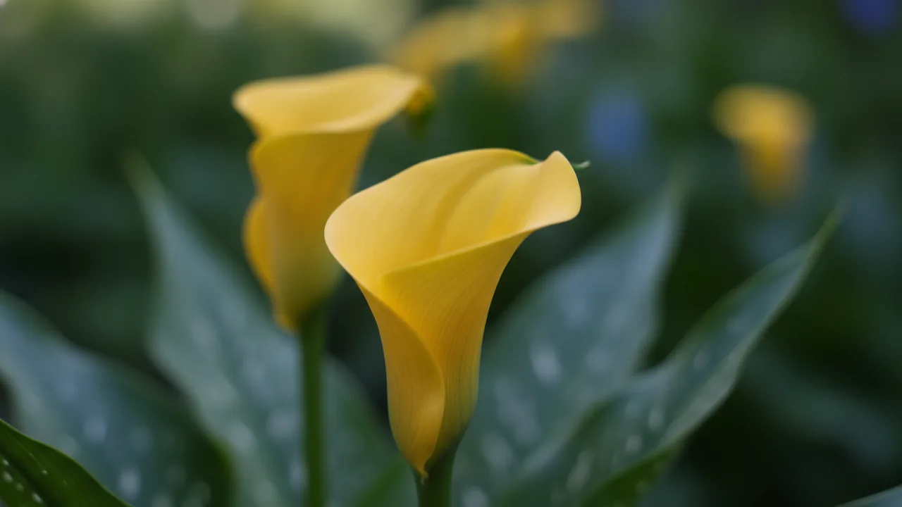 Yellow Calla (Zantedeschia 'Yellow') - yellow flowers, illustrated plant card