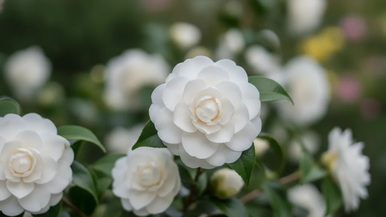 Alba Plena (Camellia japonica 'Alba Plena') - white flowers, illustrated plant card