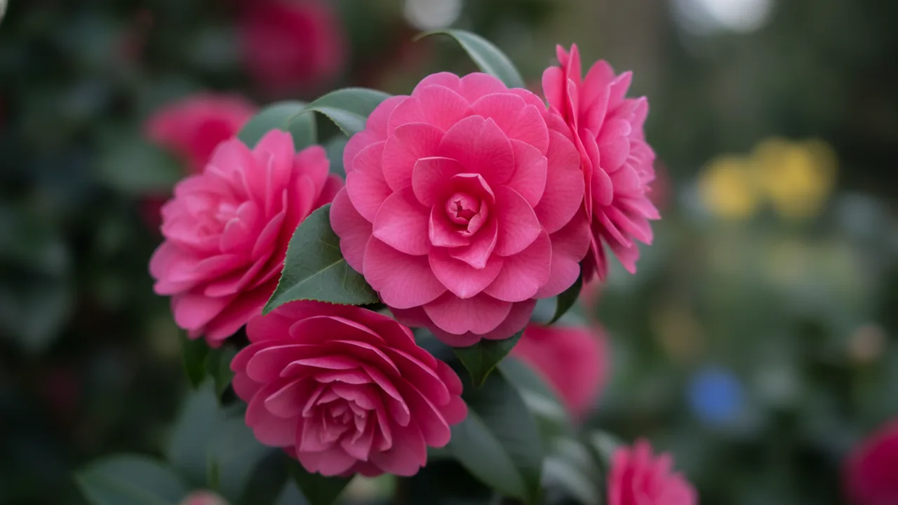 April Rose (Camellia japonica 'April Rose') - pink flowers, illustrated plant card