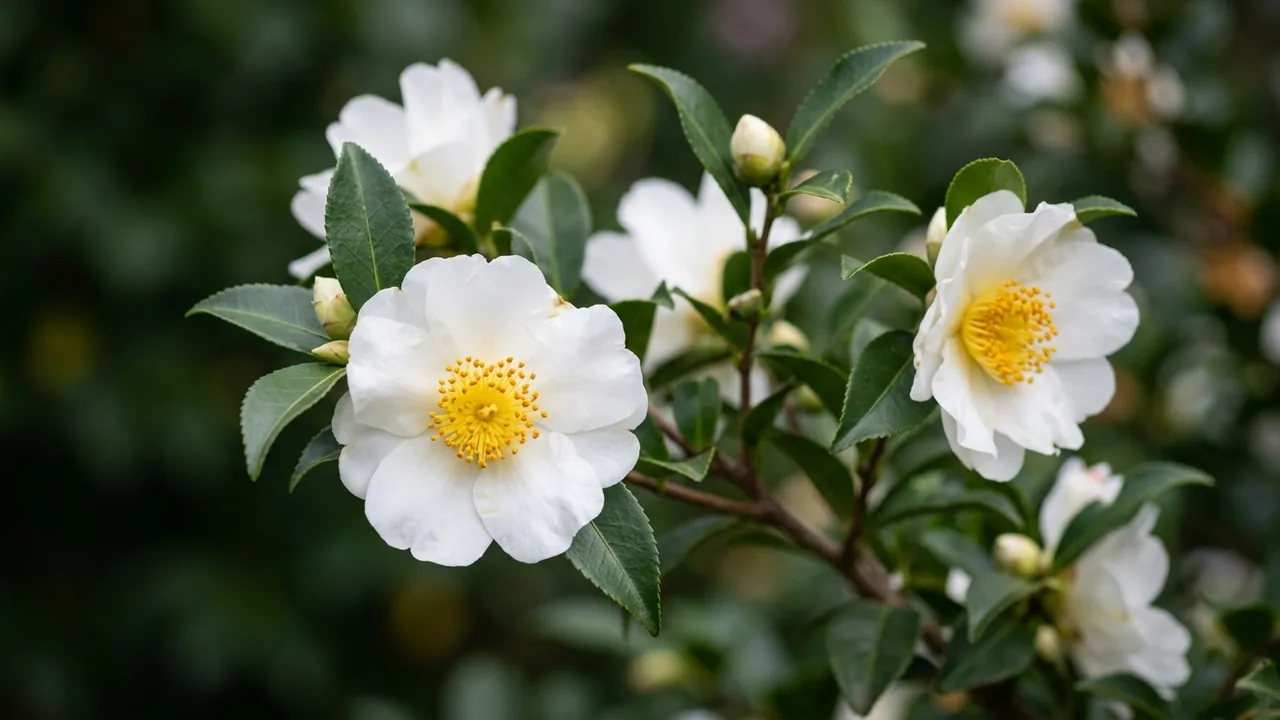 Autumn Rocket Camellia (Camellia sasanqua 'Autumn Rocket') - white flowers, illustrated plant card