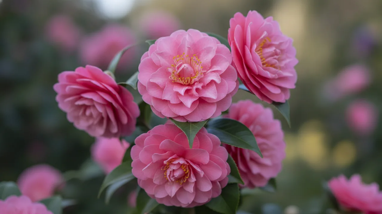 Debutante (Camellia japonica 'Debutante') - pink flowers, illustrated plant card