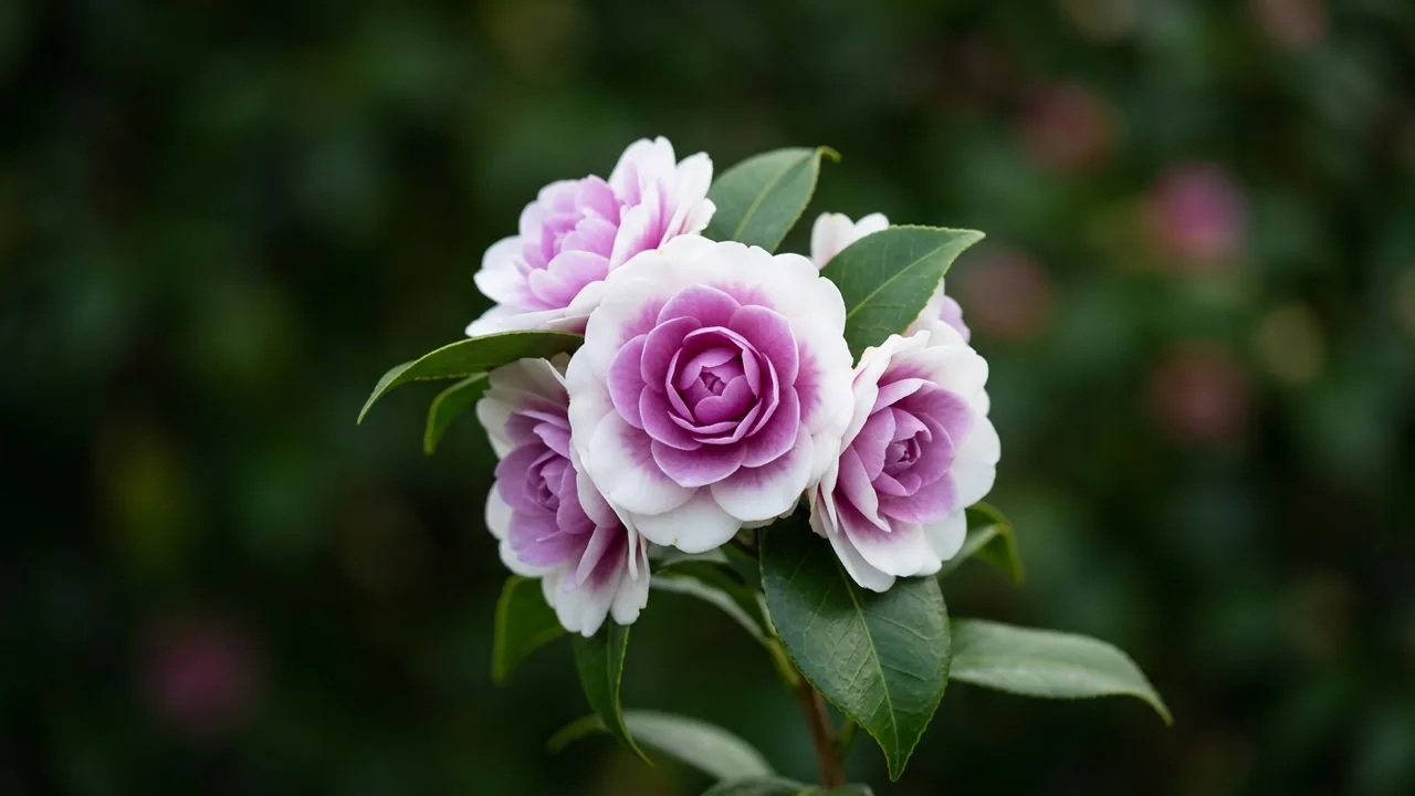 Dream Weaver Camellia (Camellia 'Dream Weaver') - pink flowers, illustrated plant card