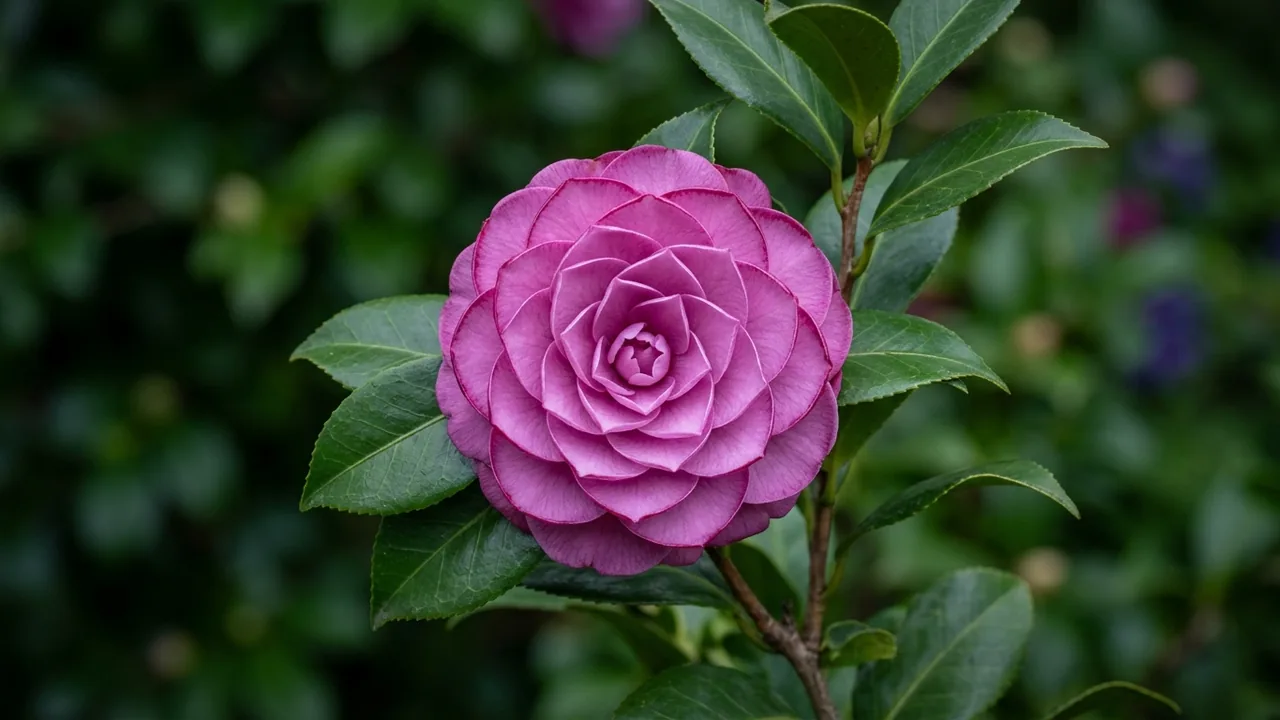 Early Wonder Camellia (Camellia japonica 'Early Autumn') - pink flowers, illustrated plant card