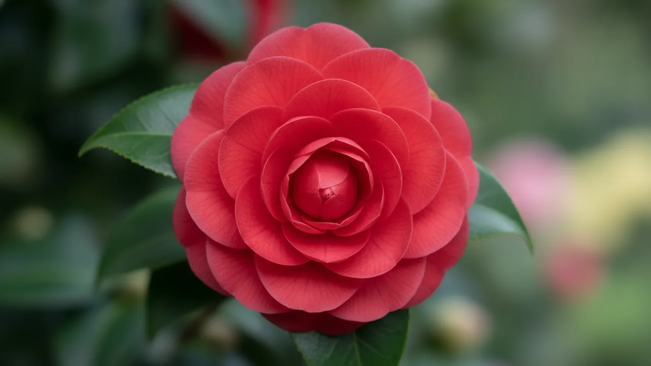 Kramer's Supreme (Camellia japonica 'Kramer's Supreme') - red flowers, illustrated plant card