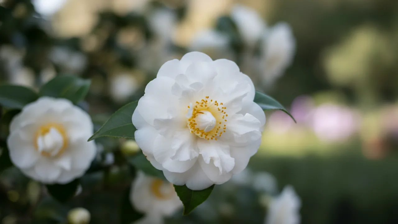 Nuccio's Pearl (Camellia japonica 'Nuccio's Pearl') - white flowers, illustrated plant card