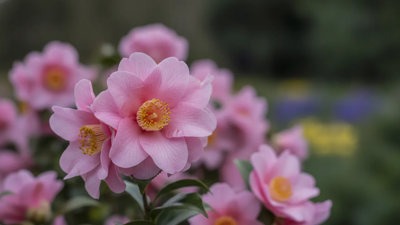 Pink Icicle (Camellia × 'Pink Icicle') - pink flowers, illustrated plant card