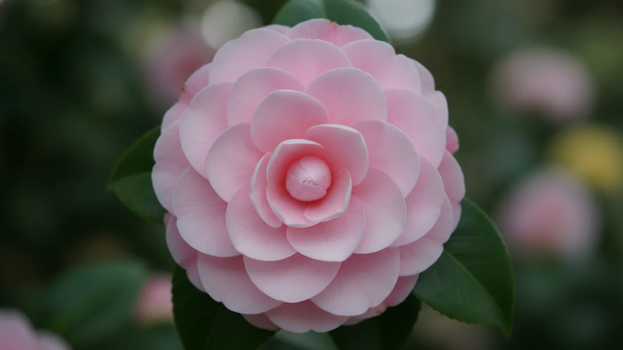 Pink Perfection (Camellia japonica 'Pink Perfection') - pink flowers, illustrated plant card