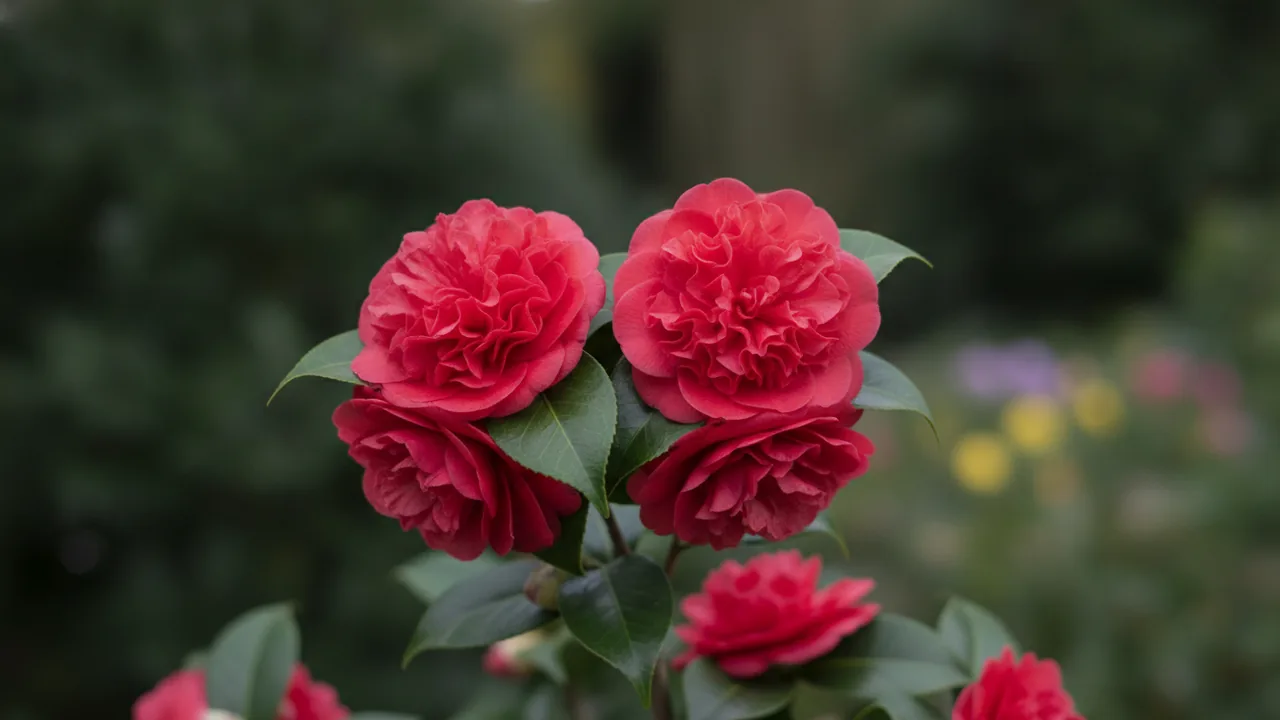 Professor Sargent (Camellia japonica 'Professor Sargent') - red flowers, illustrated plant card