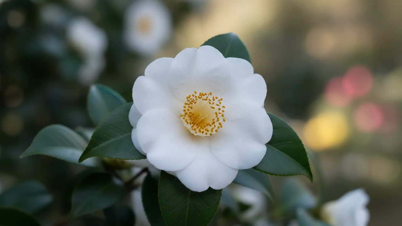 Setsugekka (Camellia sasanqua 'Setsugekka') - white flowers, illustrated plant card