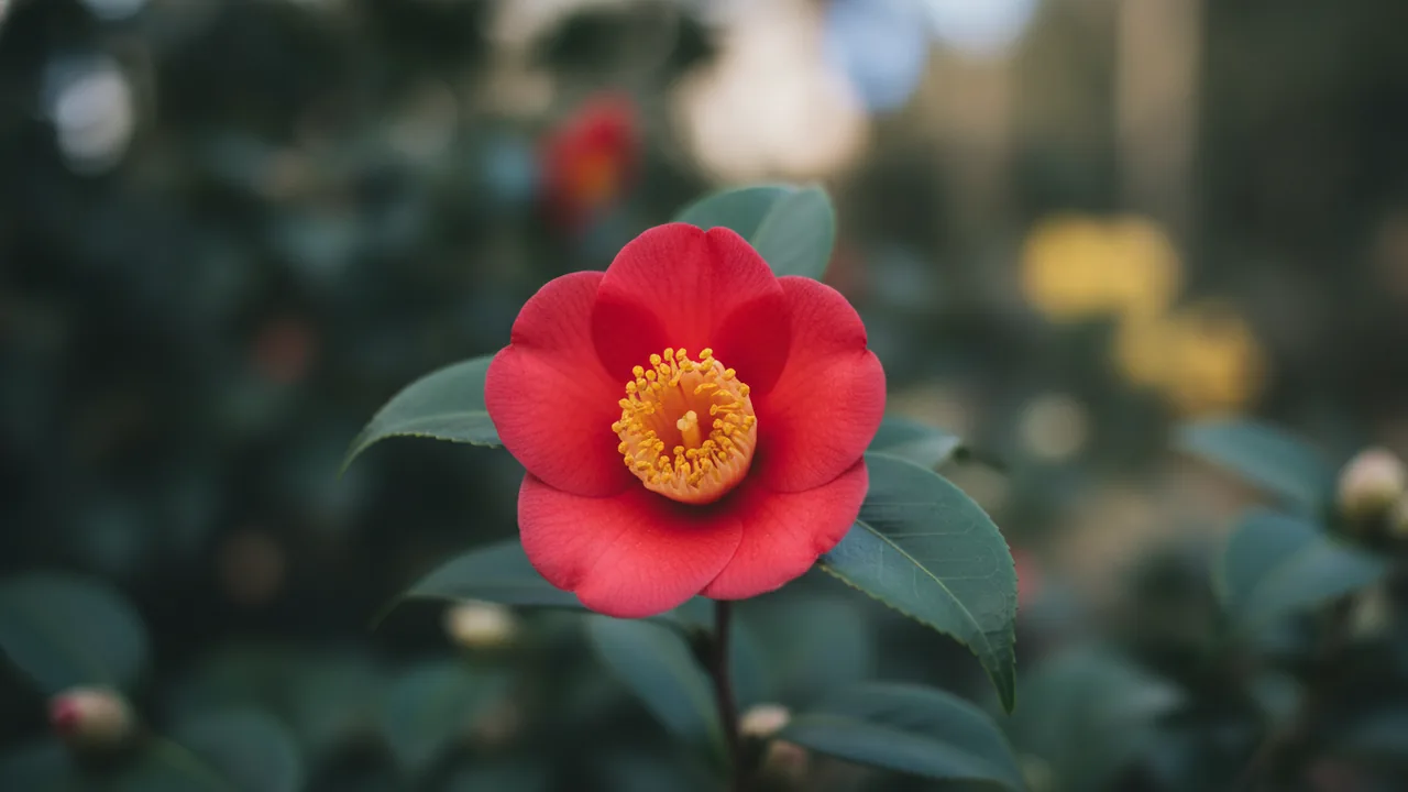 Yuletide (Camellia sasanqua 'Yuletide') - red flowers, illustrated plant card