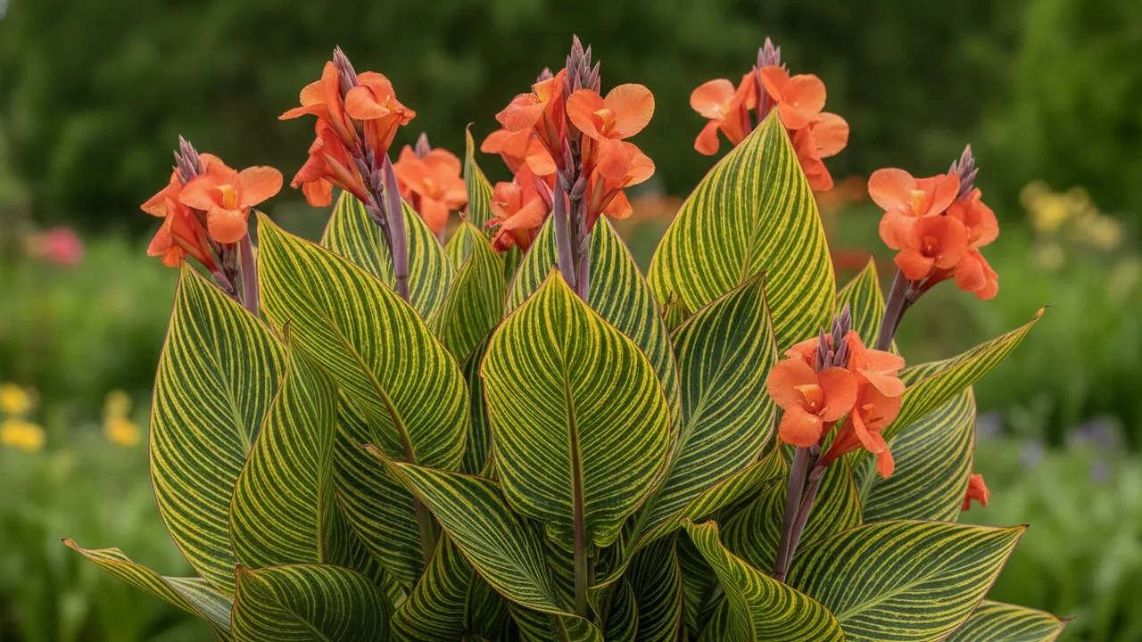 Bengal Tiger (Canna 'Bengal Tiger') - orange flowers, illustrated plant card