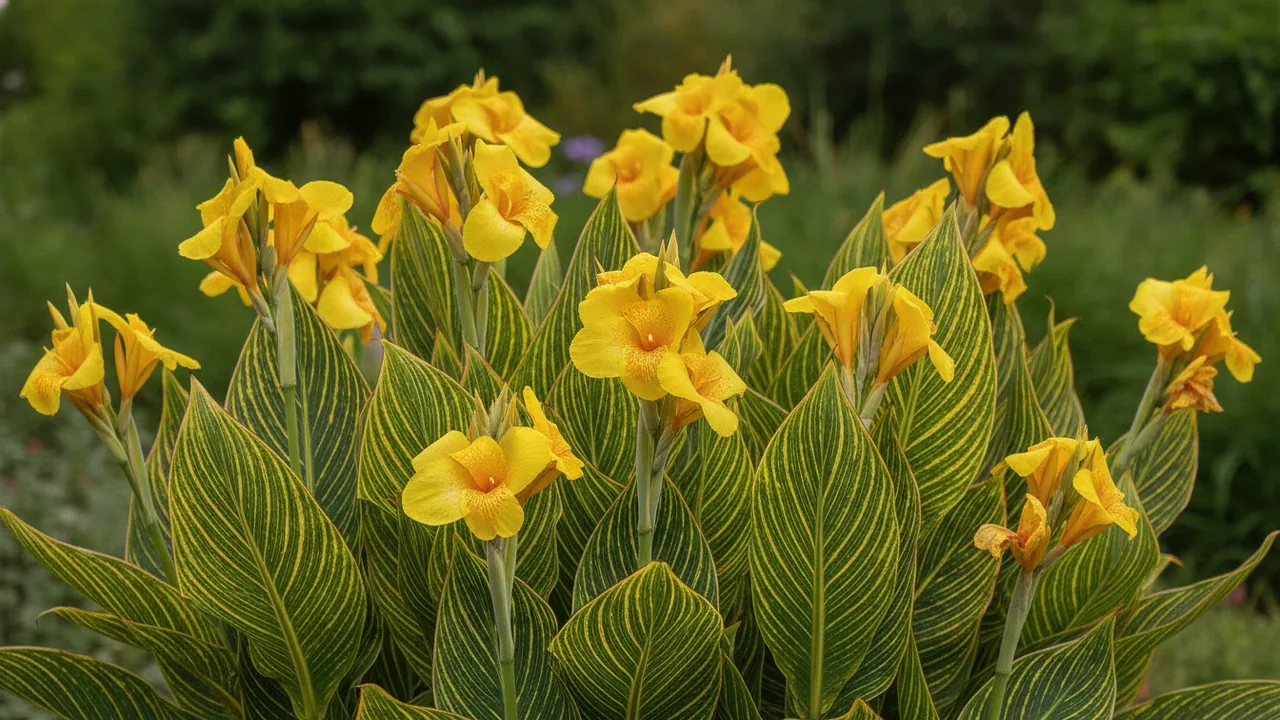 Tropicanna Gold (Canna 'Mactro') - orange flowers, illustrated plant card
