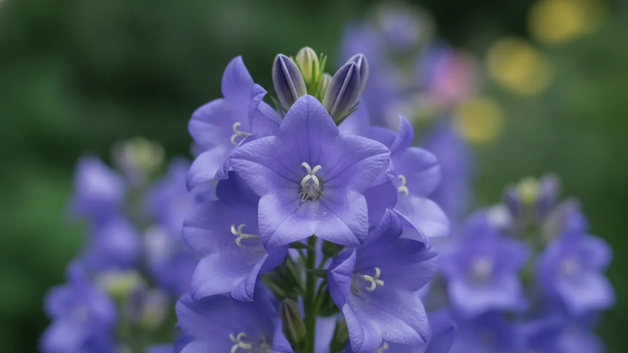 Blue Canterbury Bells (Campanula medium) - blue flowers, illustrated plant card