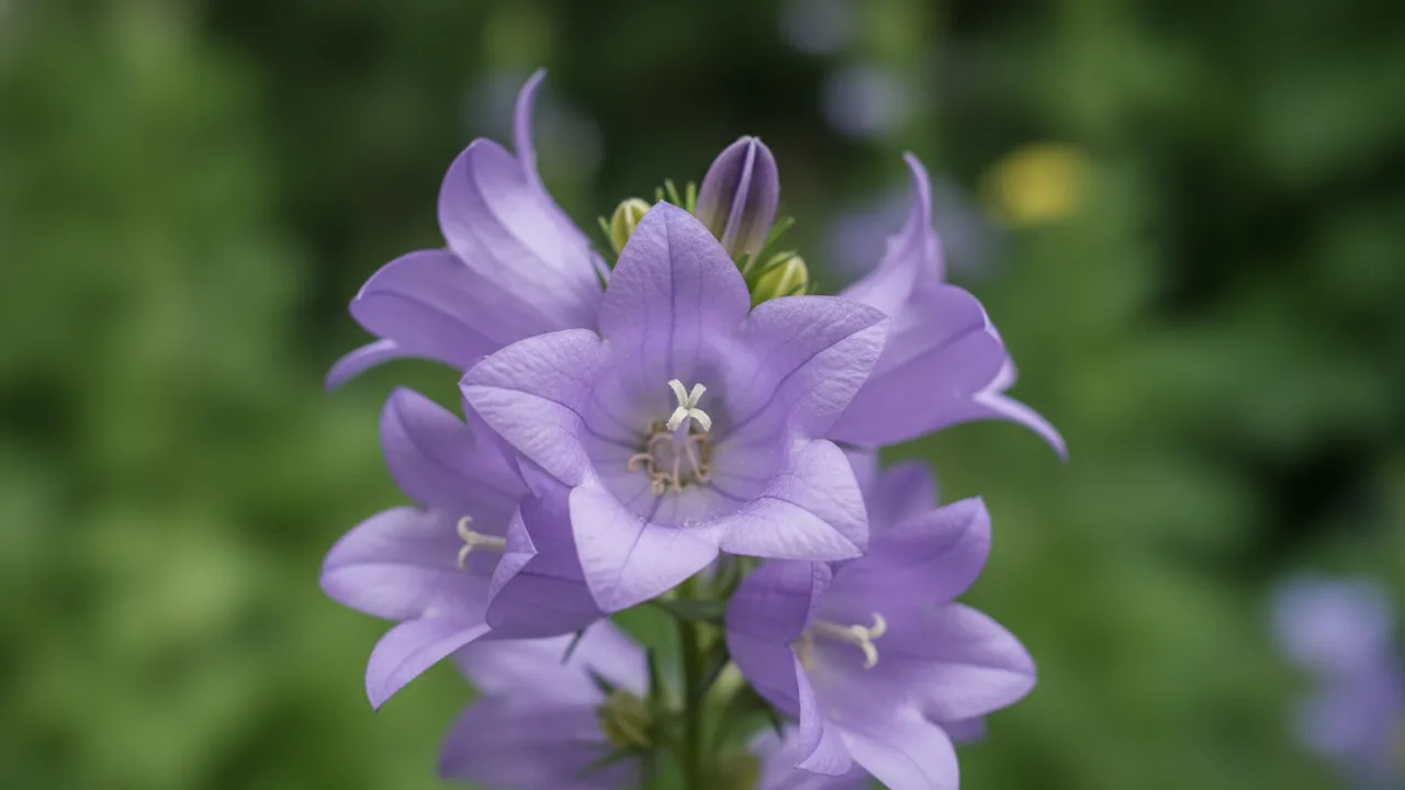 Lavender Canterbury Bells (Campanula medium) - purple flowers, illustrated plant card