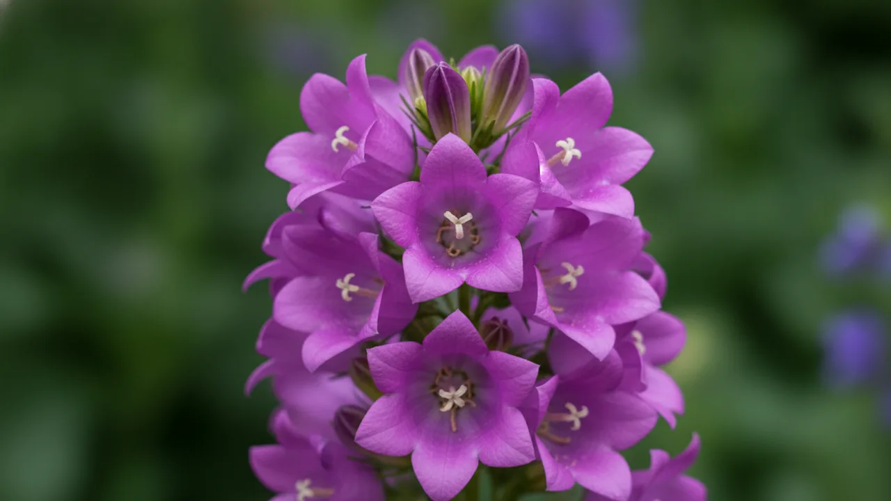 Pink Canterbury Bells (Campanula medium) - pink flowers, illustrated plant card