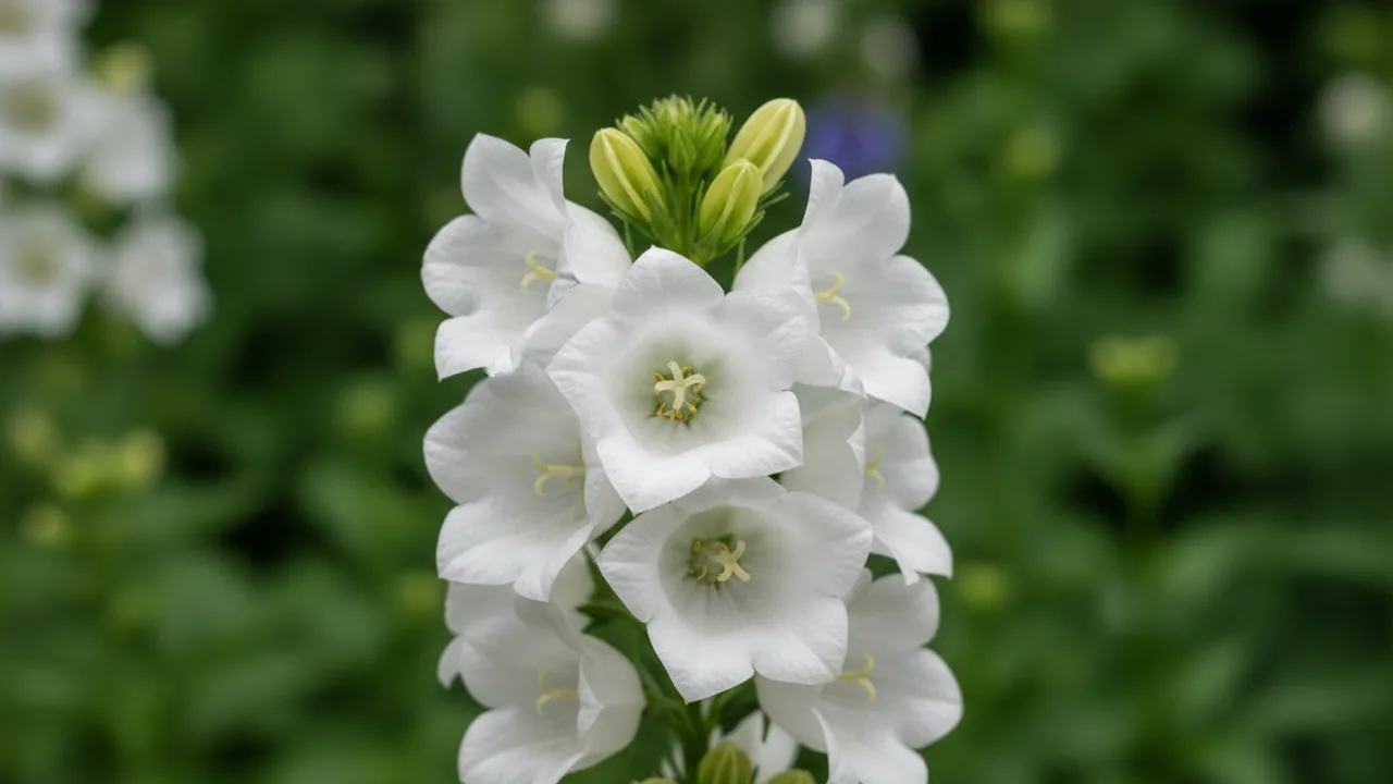 White Canterbury Bells (Campanula medium) - white flowers, illustrated plant card