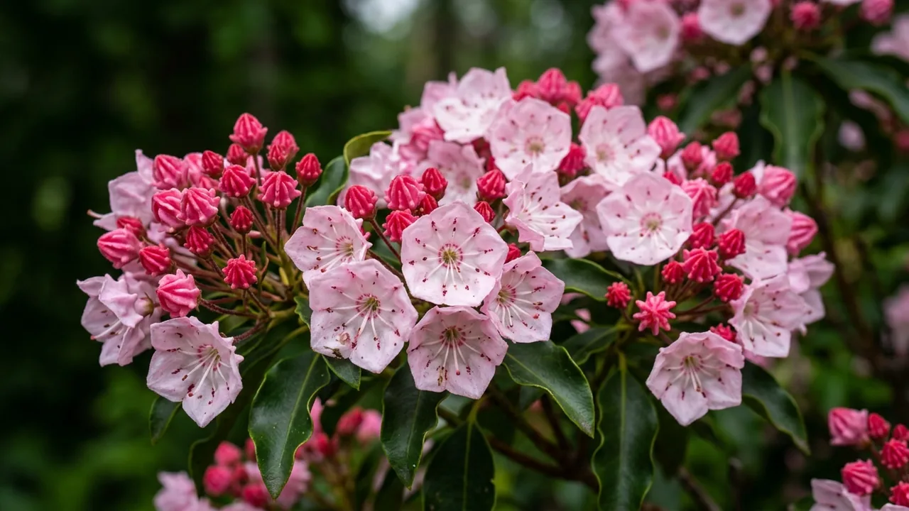 Carol Mountain Laurel (Kalmia latifolia 'Carol') - pink flowers, illustrated plant card