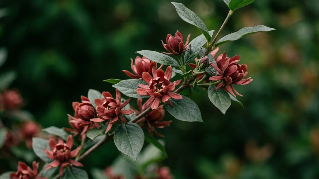 Carolina Allspice (Calycanthus floridus) - red flowers, illustrated plant card