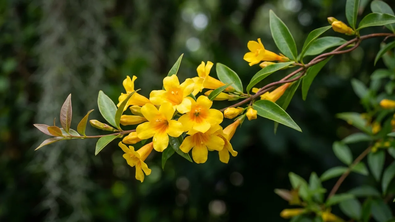 Carolina Jessamine (Gelsemium sempervirens) - yellow flowers, illustrated plant card