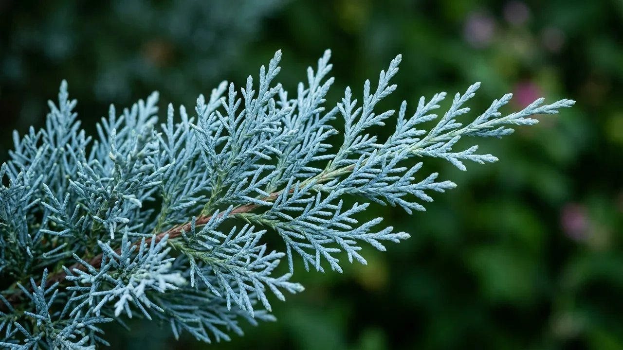 Carolina Sapphire Arizona Cypress (Hesperocyparis glabra 'Carolina Saphire') - foliage plant, illustrated plant card