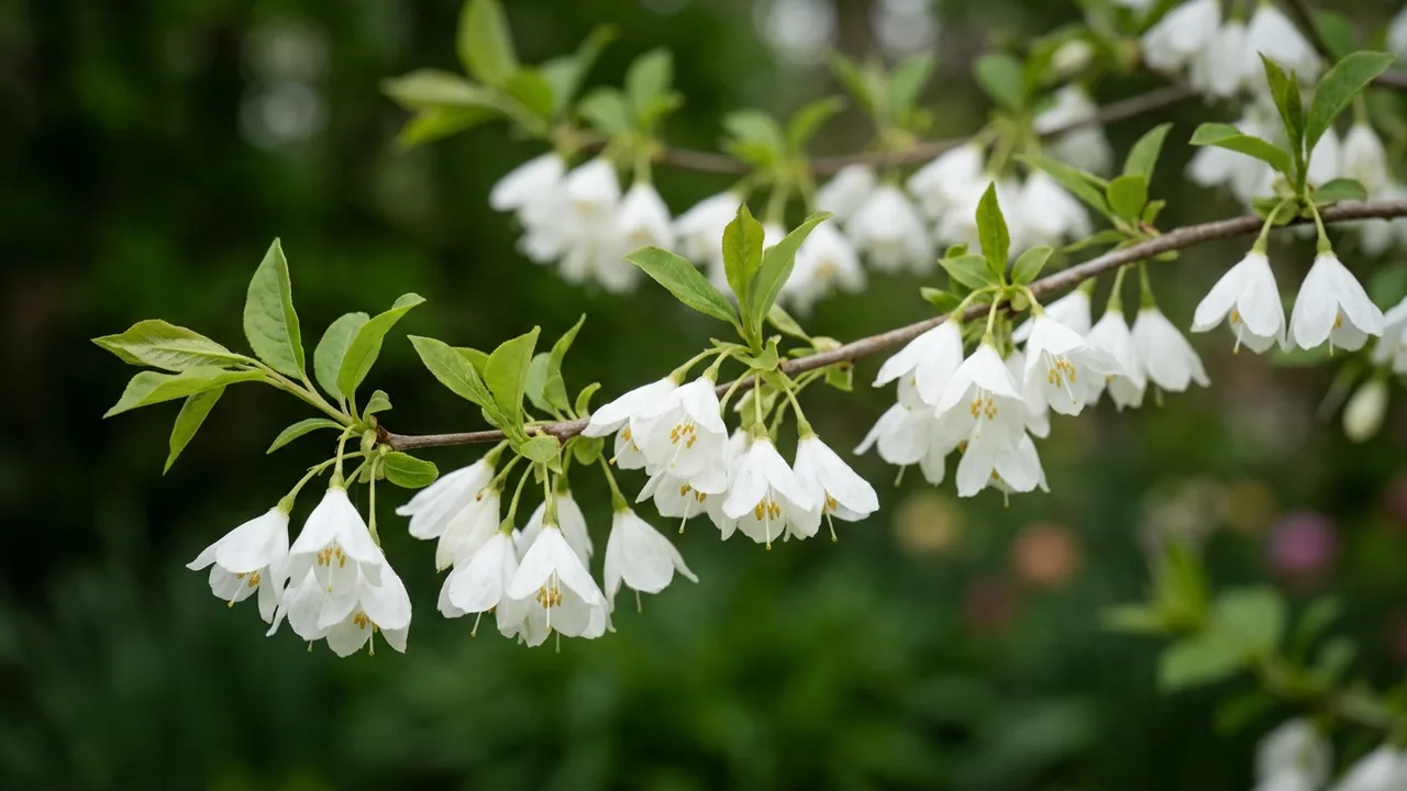 Carolina Silverbell (Halesia carolina) - white flowers, illustrated plant card