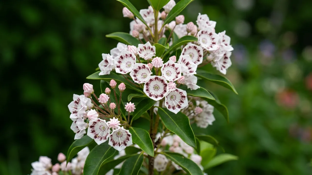 Carousel Mountain Laurel (Kalmia latifolia 'Carousel') - white flowers, illustrated plant card