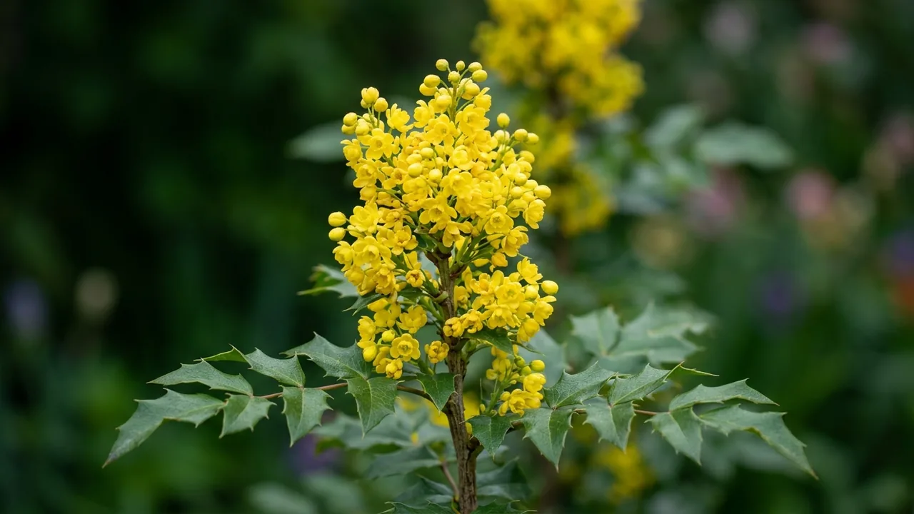 Cascade Oregon Grape (Berberis nervosa) - yellow flowers, illustrated plant card