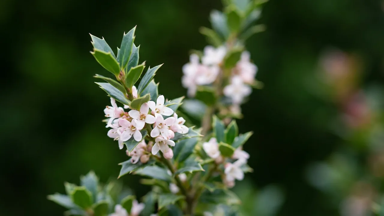 Castle Spire Blue Holly (Ilex × meserveae 'Hachfee') - white flowers, illustrated plant card