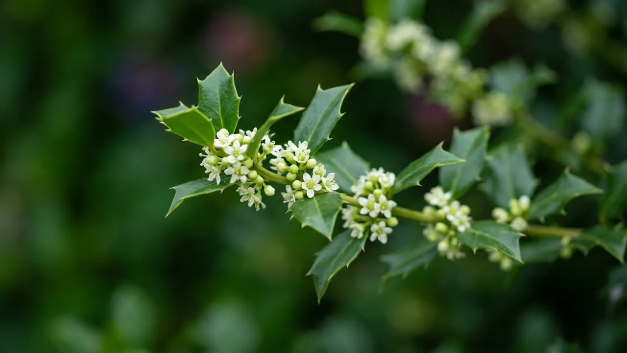 Castle Wall Blue Holly (Ilex × meserveae 'Heckenstar') - white flowers, illustrated plant card
