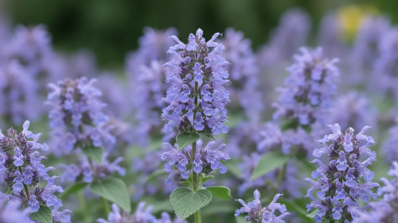 Blue Wonder (Nepeta × faassenii 'Blue Wonder') - blue flowers, illustrated plant card