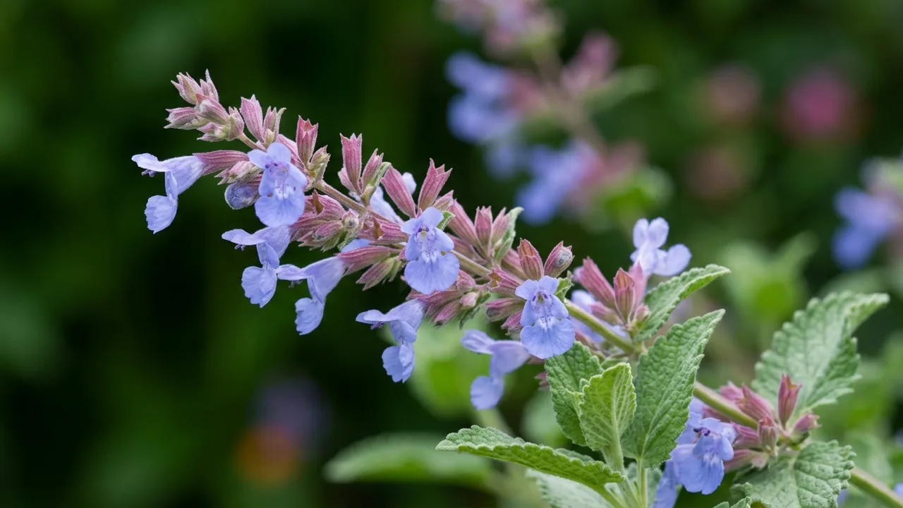 Catwalk Queen (Nepeta × faassenii 'Catwalk Queen') - blue flowers, illustrated plant card
