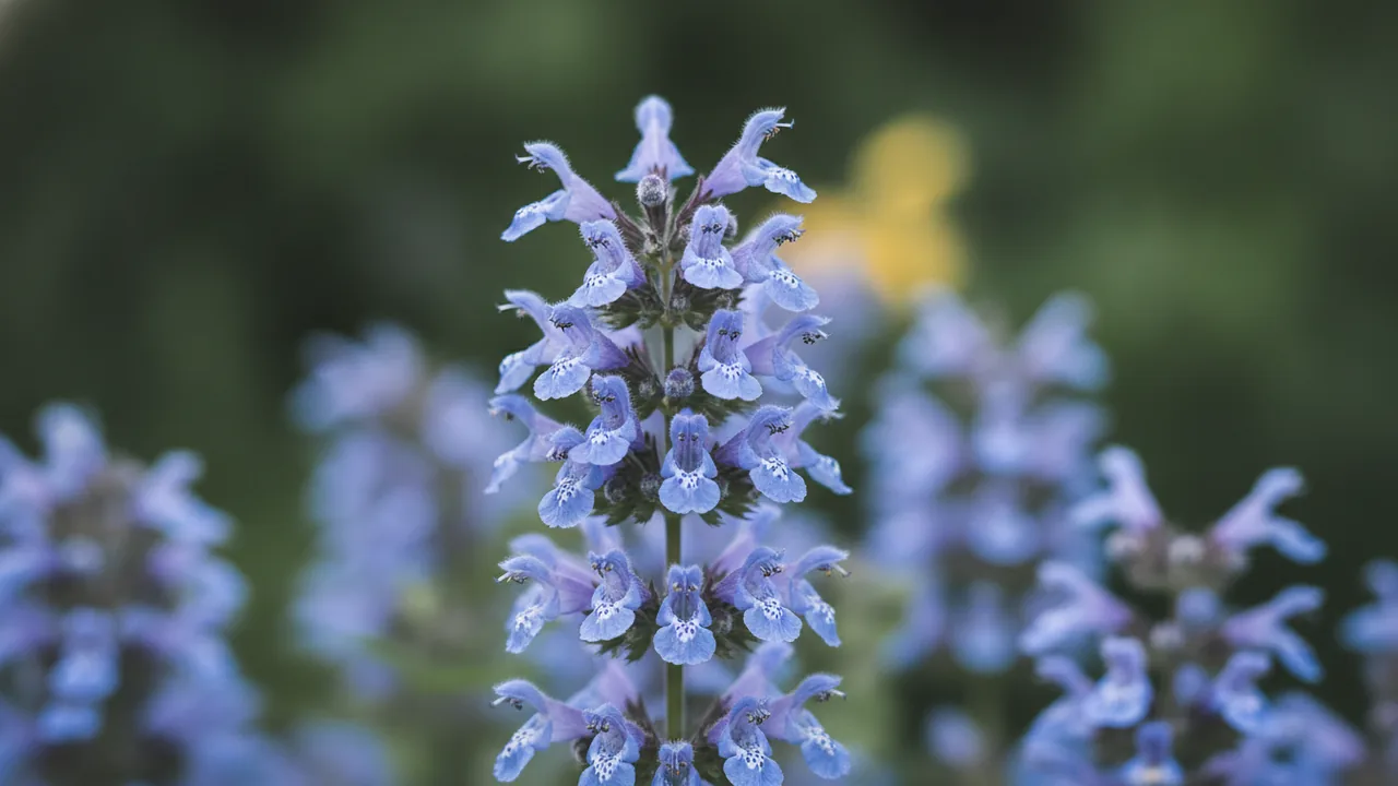 Purrsian Blue (Nepeta 'Purrsian Blue') - blue flowers, illustrated plant card