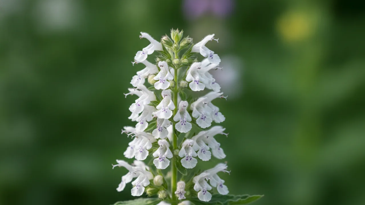 Snowflake (Nepeta racemosa 'Snowflake') - white flowers, illustrated plant card