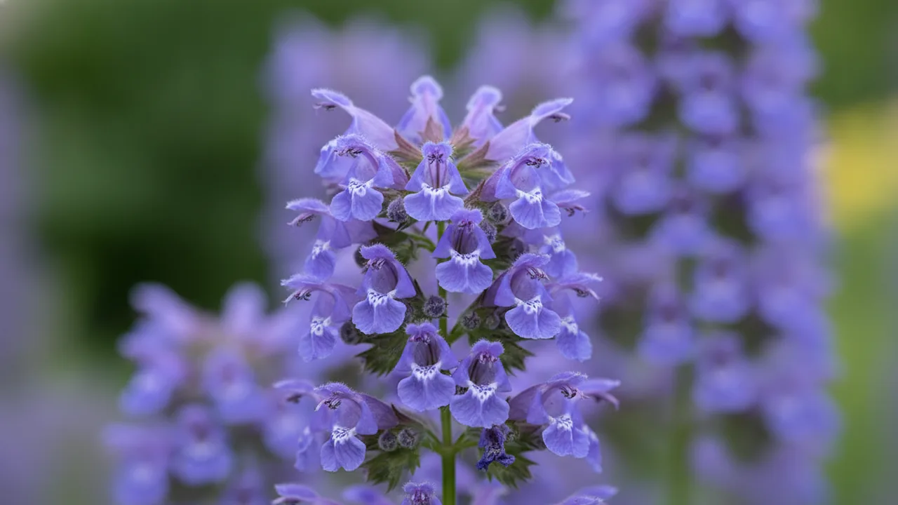 Walker's Low (Nepeta 'Walker's Low') - blue flowers, illustrated plant card