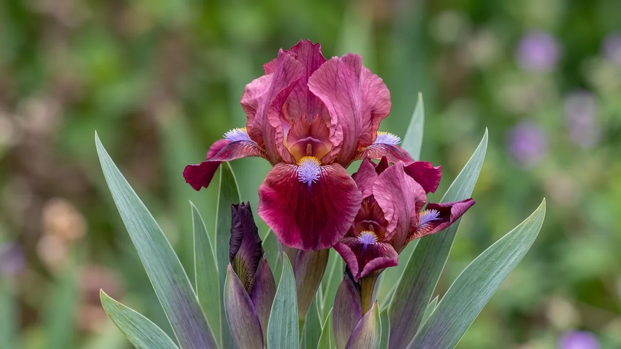 Cat's Eye Dwarf Bearded Iris (Iris 'Cat's Eye') - red flowers, illustrated plant card