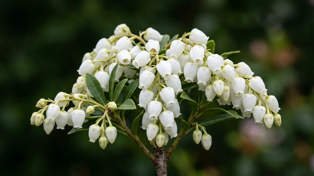 Cavatine Dwarf Andromeda (Pieris japonica 'Cavatine') - white flowers, illustrated plant card