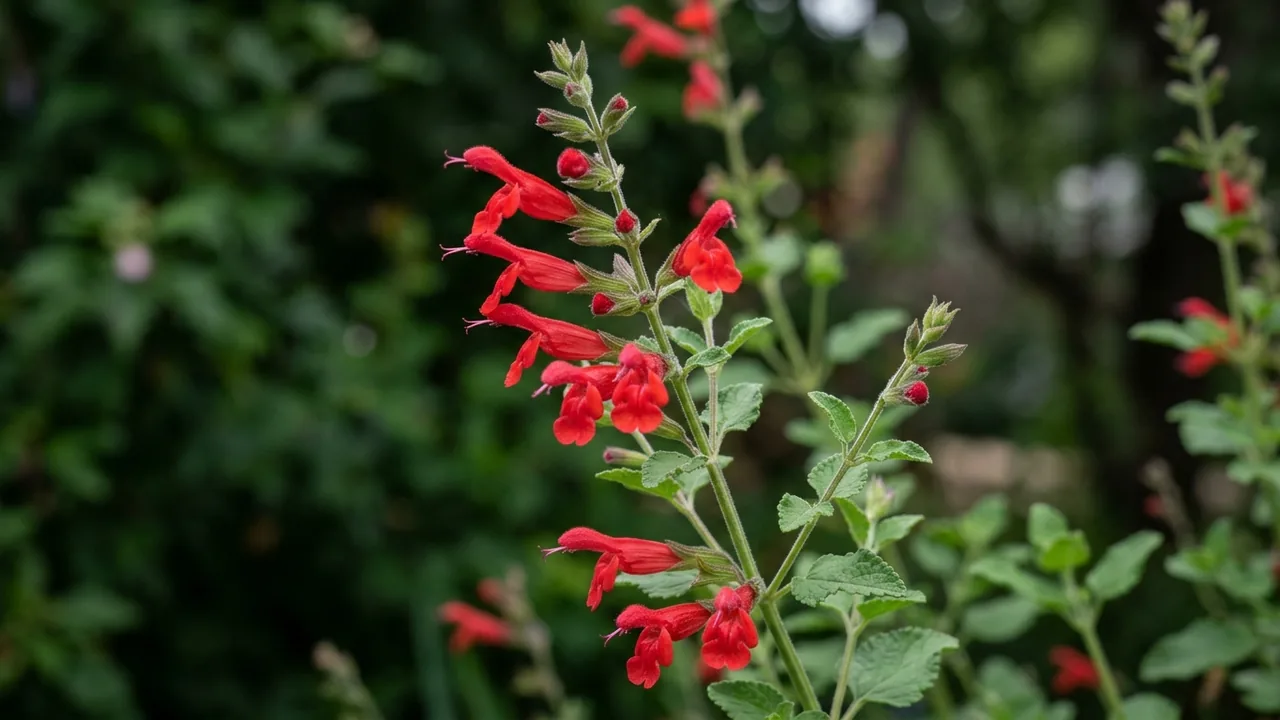 Cedar Sage (Salvia roemeriana) - red flowers, illustrated plant card