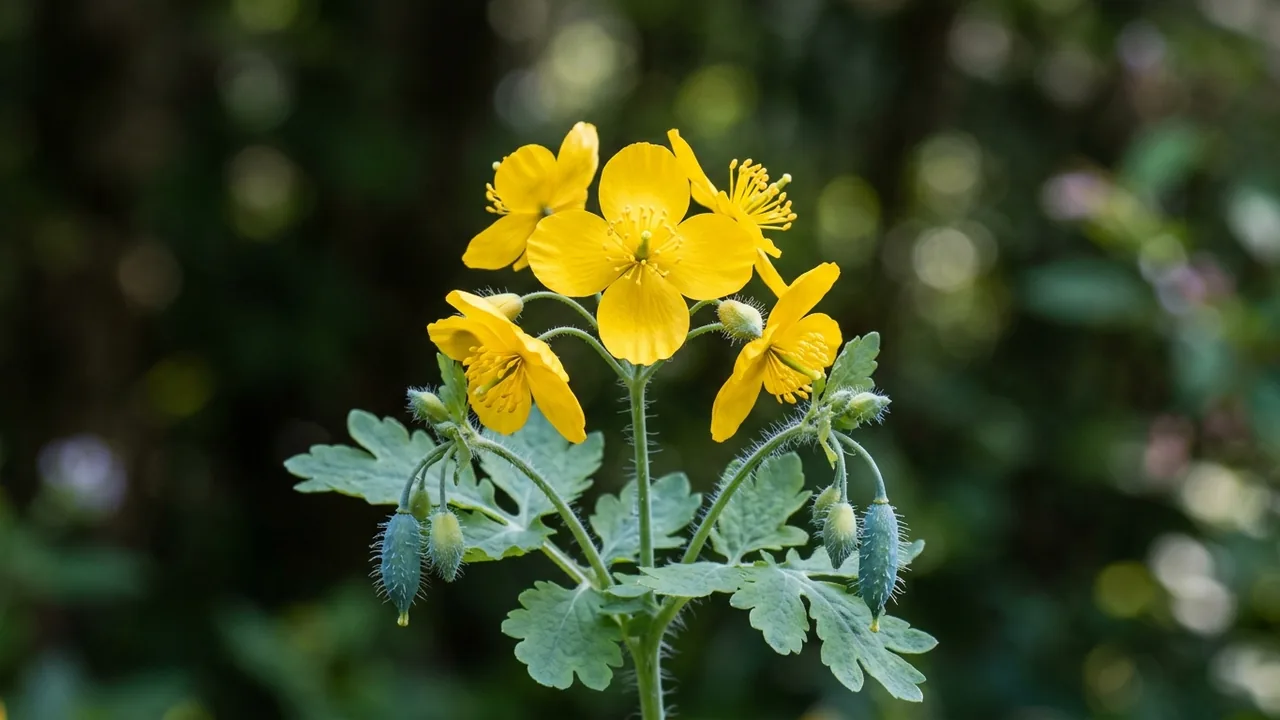 Celandine Poppy (Chelidonium diphyllum) - yellow flowers, illustrated plant card