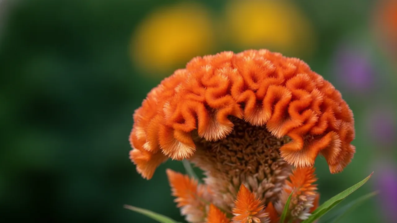 Bombay Orange (Celosia cristata 'Bombay Orange') - orange flowers, illustrated plant card