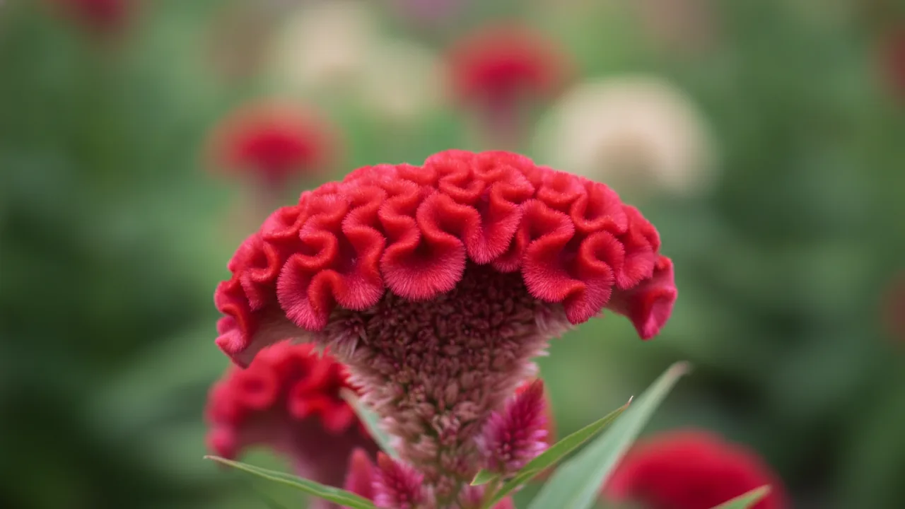 Cockscomb Red (Celosia cristata 'Cockscomb Red') - red flowers, illustrated plant card