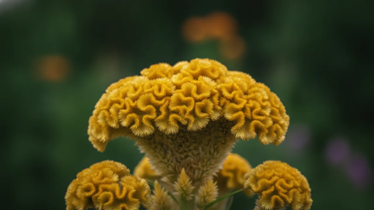 Cockscomb Yellow (Celosia cristata 'Cockscomb Yellow') - yellow flowers, illustrated plant card