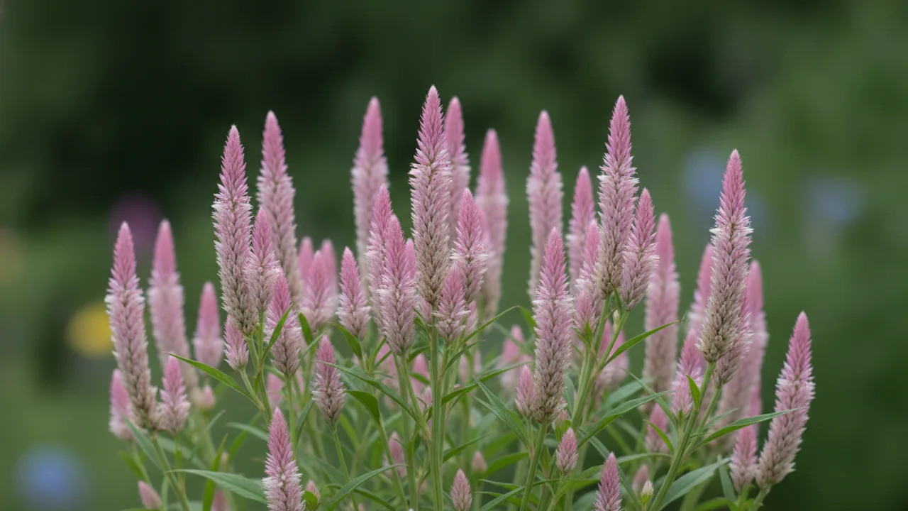 Flamingo Feather (Celosia spicata 'Flamingo Feather') - pink flowers, illustrated plant card