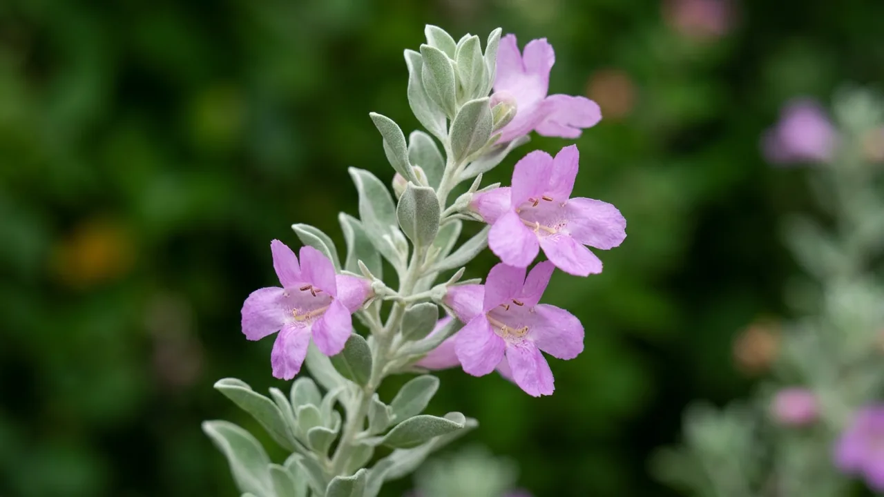 Cenizo (Leucophyllum frutescens) - purple flowers, illustrated plant card