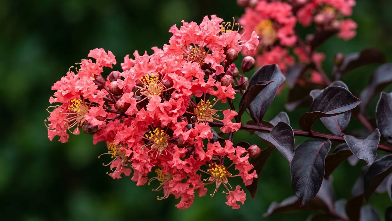 Center Stage Coral Crape Myrtle (Lagerstroemia indica 'SMNLIJ') - foliage plant, illustrated plant card
