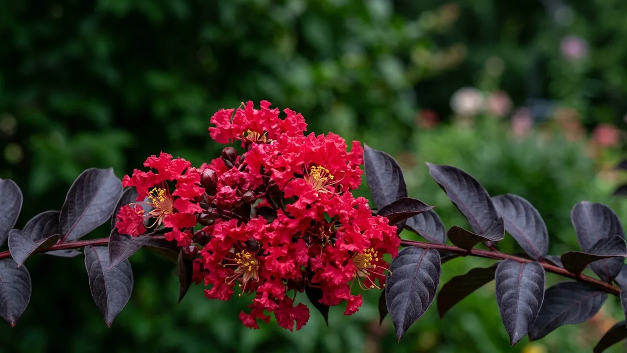Center Stage Red Crape Myrtle (Lagerstroemia indica 'SMNLCIBF') - foliage plant, illustrated plant card